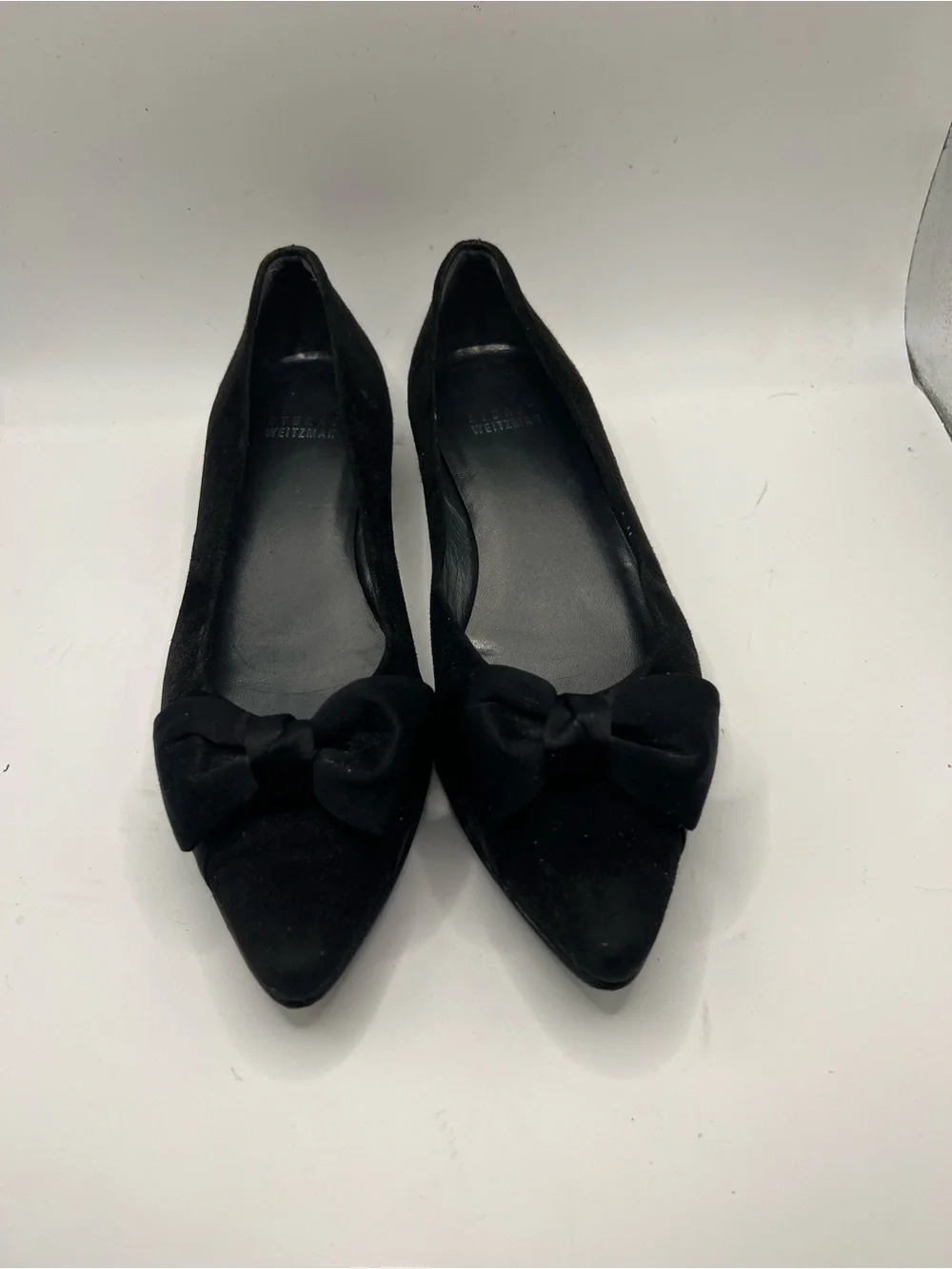Stuart Weitzman Black Suede Pointed Toe Flats with Bow